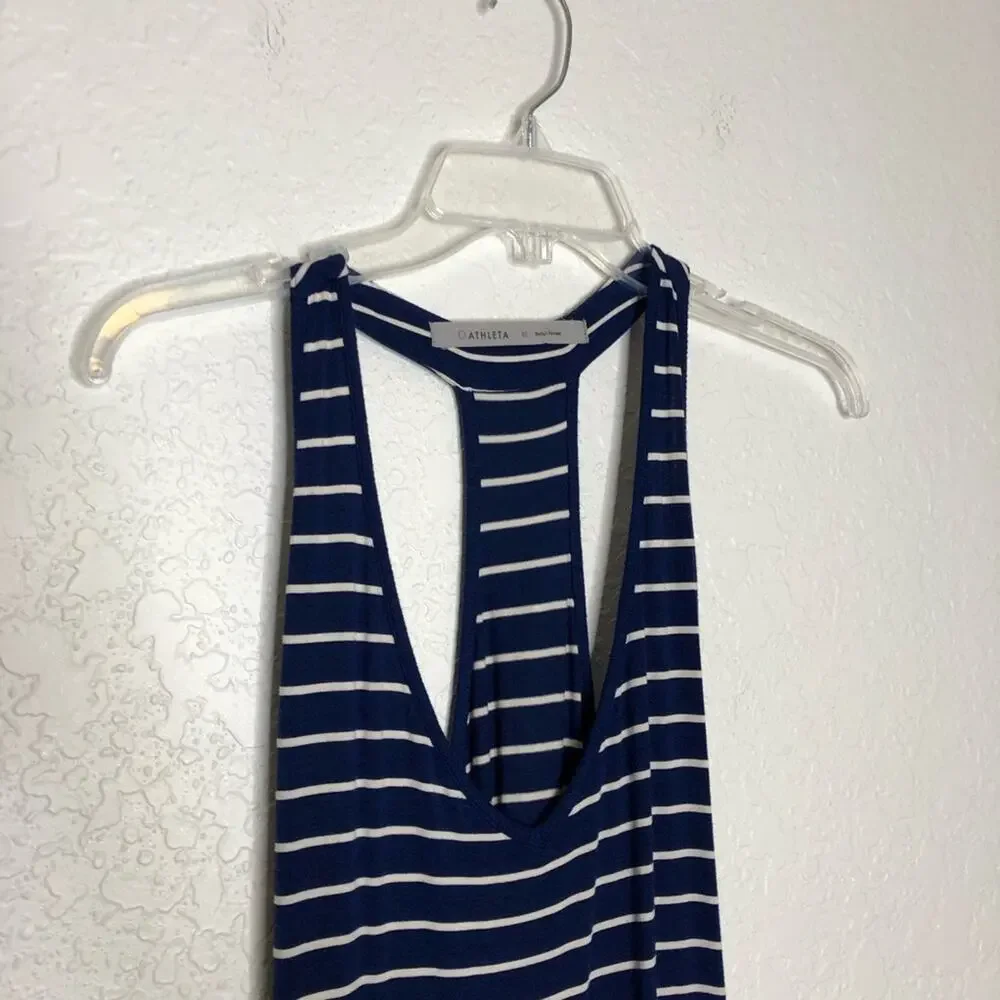 Athleta blue white striped ruched skirt racerback tank midi dress size Medium